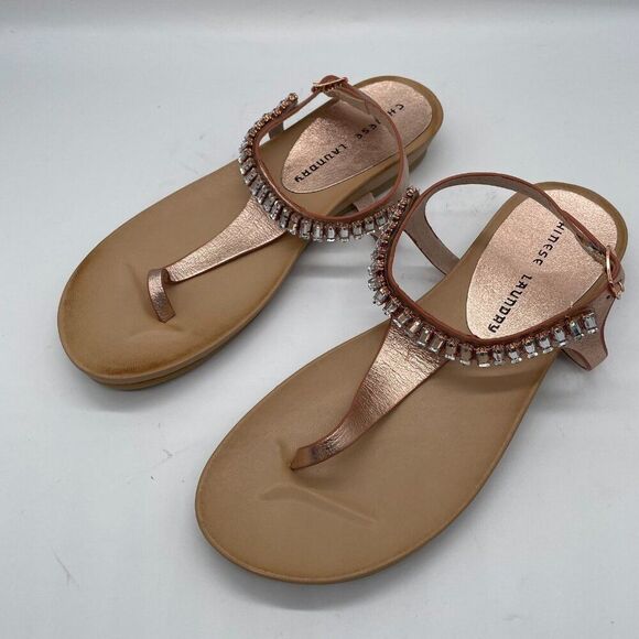 Chinese Laundry Flash Back Women's 7.5 Sandals Metallic Rose Gold Leather Thong - Picture 6 of 9
